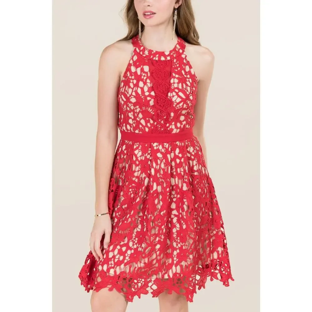 Francesca's Braylee red floral lace A-line dress, Size M - Picture 10 of 11